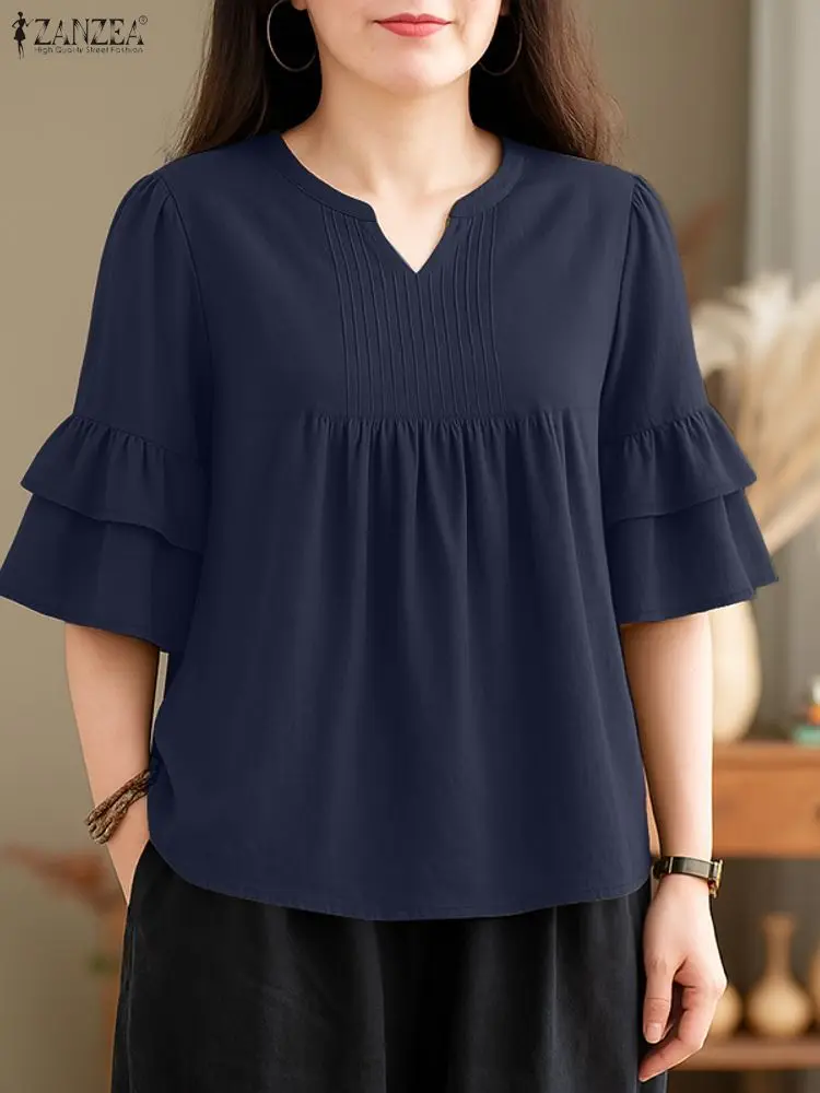 بلوزة نسائية أنيقة OL للعمل 2025 ZANZEA قميص صيفي أنيق للسيدات برقبة على شكل V 3/4 كم Blusas Mujer بلوزات فضفاضة غير رسمية #4