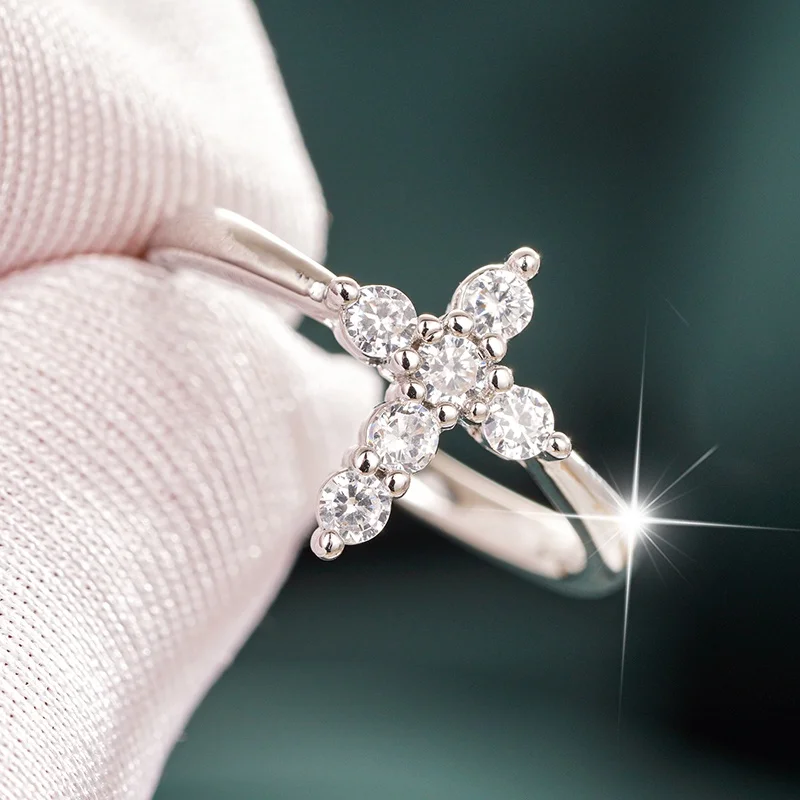 2026 Minimalist Cubic Zirconia Cross Design Rings for Women Versatile Silver Color Party Accessories Timeless Styling Jewelry