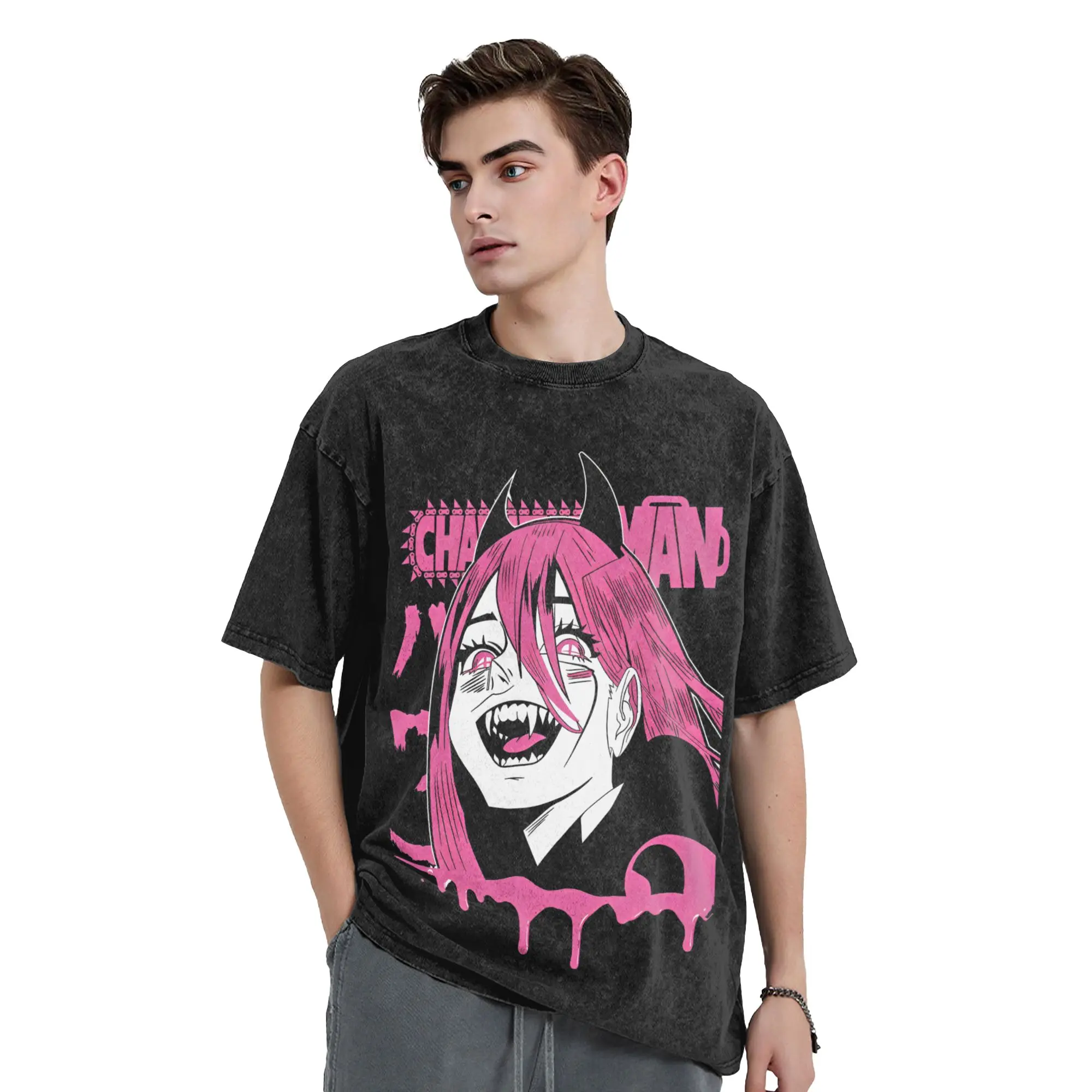 Power Chainsaws Man Design Vintage Washed Tshirt Men 100%Cotton Clothing Printed Anime Manga Round Neck Short Sleeve