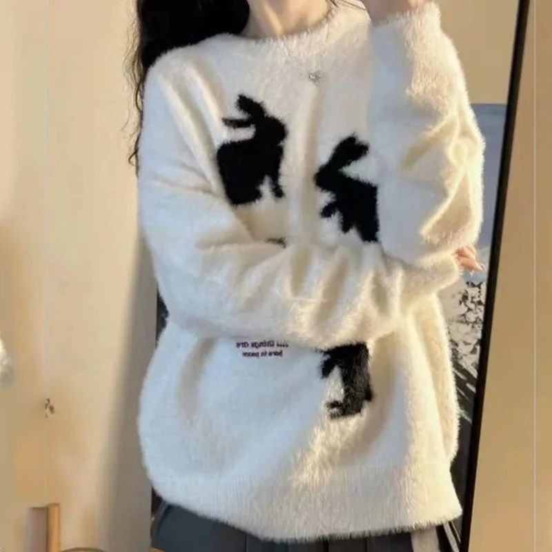 

Lovely Cartoon Rabbit Sweater for Women Soft Faux Mink Warm Knitted Sweater Woman Autumn Winter White Crew Neck Jumpers Mujer