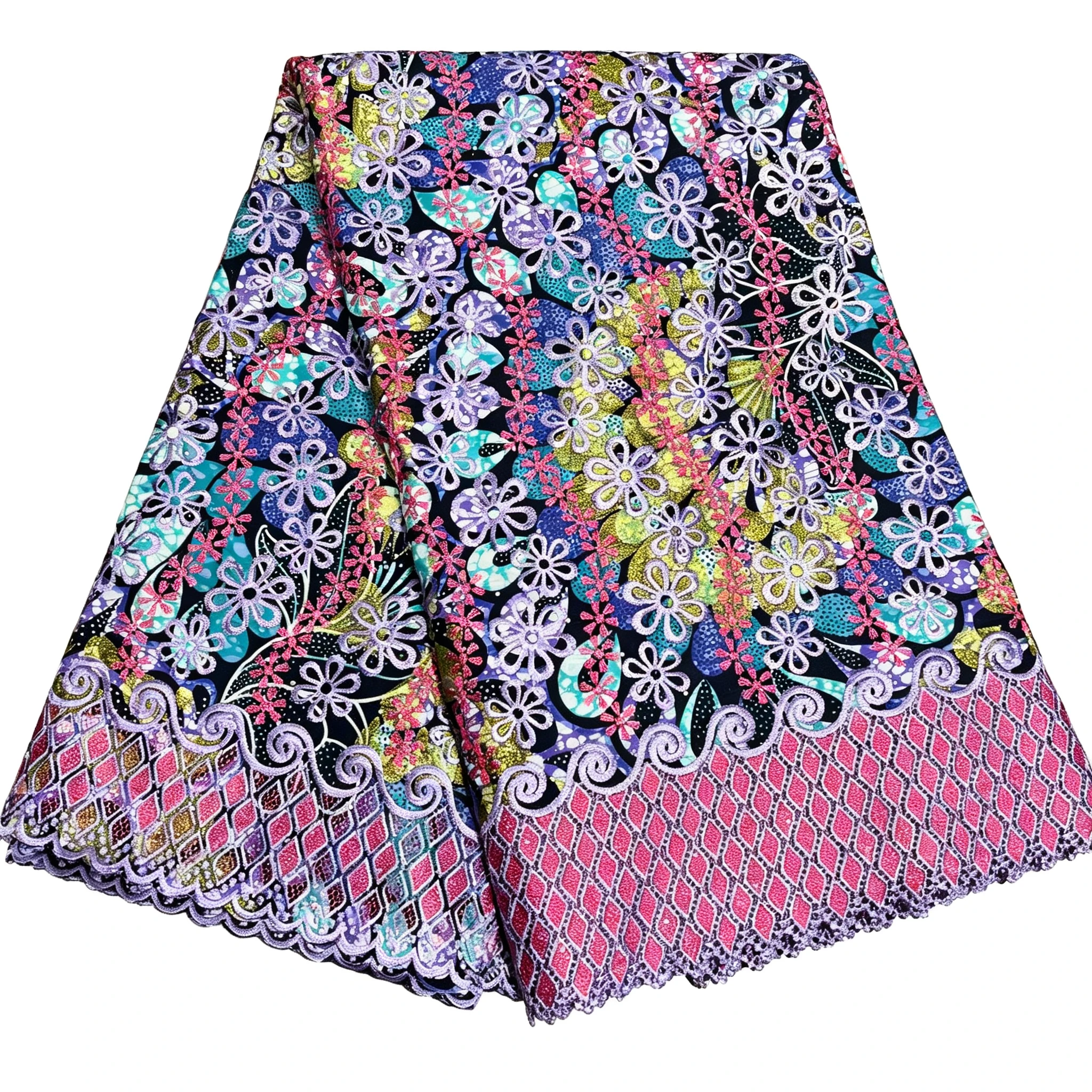 6 Yards hochwertiger, bedruckter Ankara-Wachsstoff mit Stickerei, Glamour-Glitzer, Grand Golden, zum Nähen von Damenkleidern