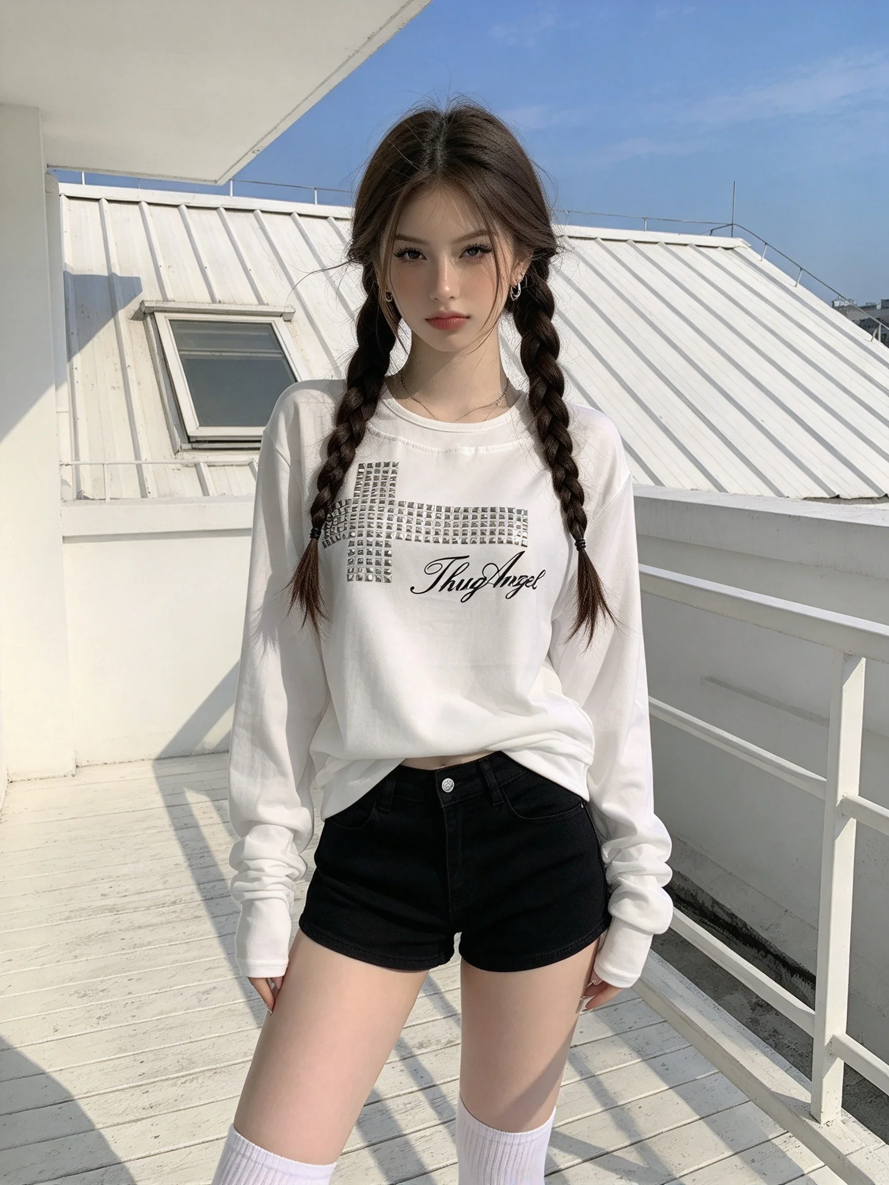 European and American street style heavy industry hot pressed diamond long sleeved angel wing cross printed white base top