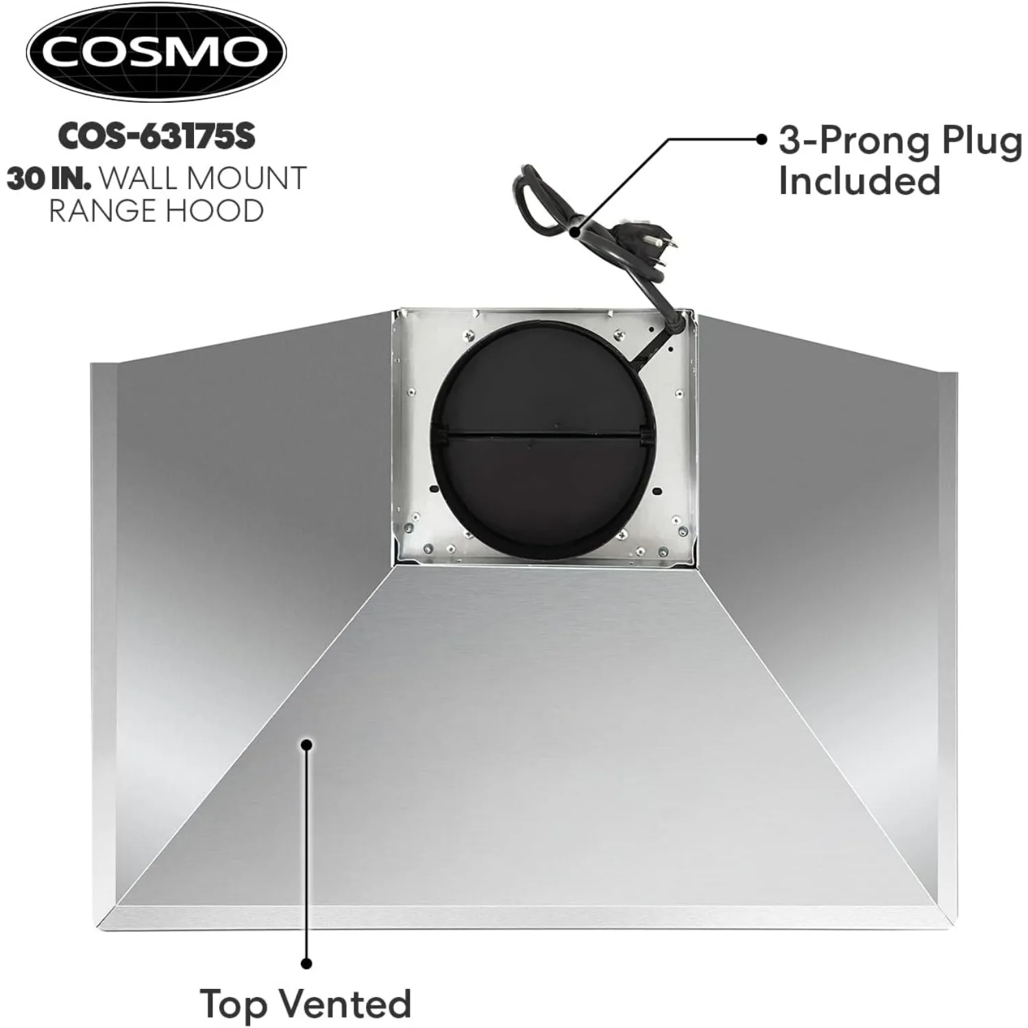 COS-63175S 벽 마운트 레인지 후드, 덕트 컨버터블 덕트리스, 키트 포함 없음, 천장 굴뚝 스타일 스토브 벤트, LED 조명