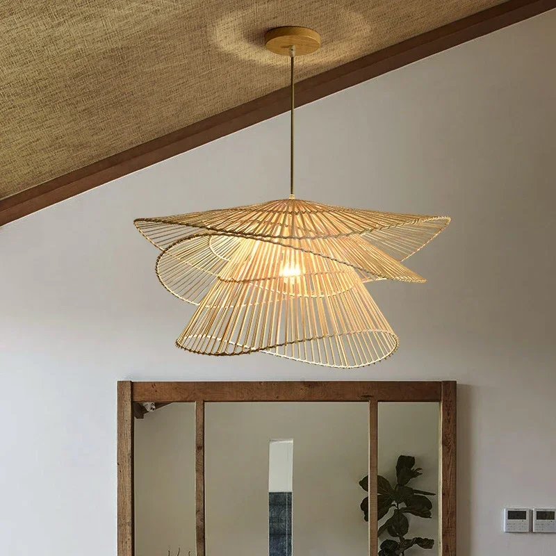 Farmhouse Bamboo Pendant Lights Japanese Indoor Lighting Restaurant Natural Chandelier Led Hanging Lamps for Living Room Lustre