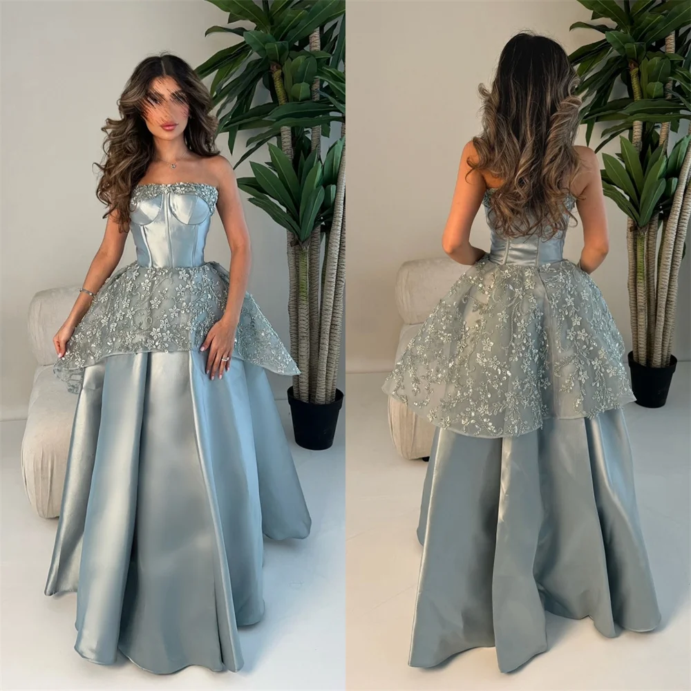 Customized Evening Dress Prom Formal Gown Strapless Ball Floor Length Sequin Skirts Draped Tulle Bead Sleeveless Bespoke Occasio