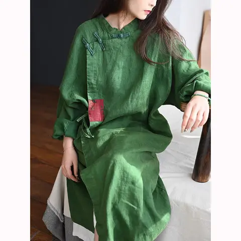 Spring New Chinese Style Women Long Sleeve Stand Collar Loose Dresses Improved Qipao Cotton Linen Vintage Dress Good Quality JM6