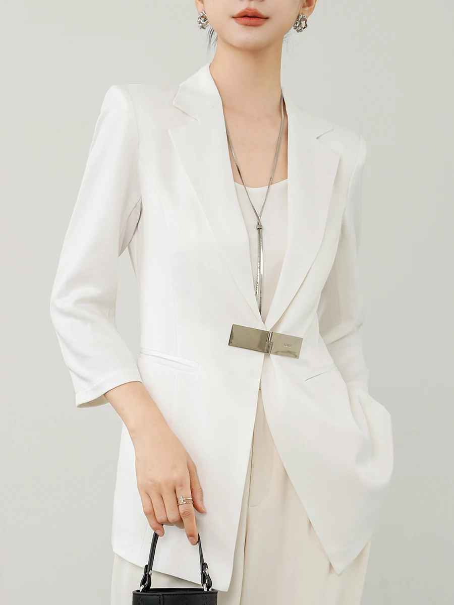 

Женский летний костюм из ацетатного сатина, приталенный, с металлическим синим узором, для повседневной носки