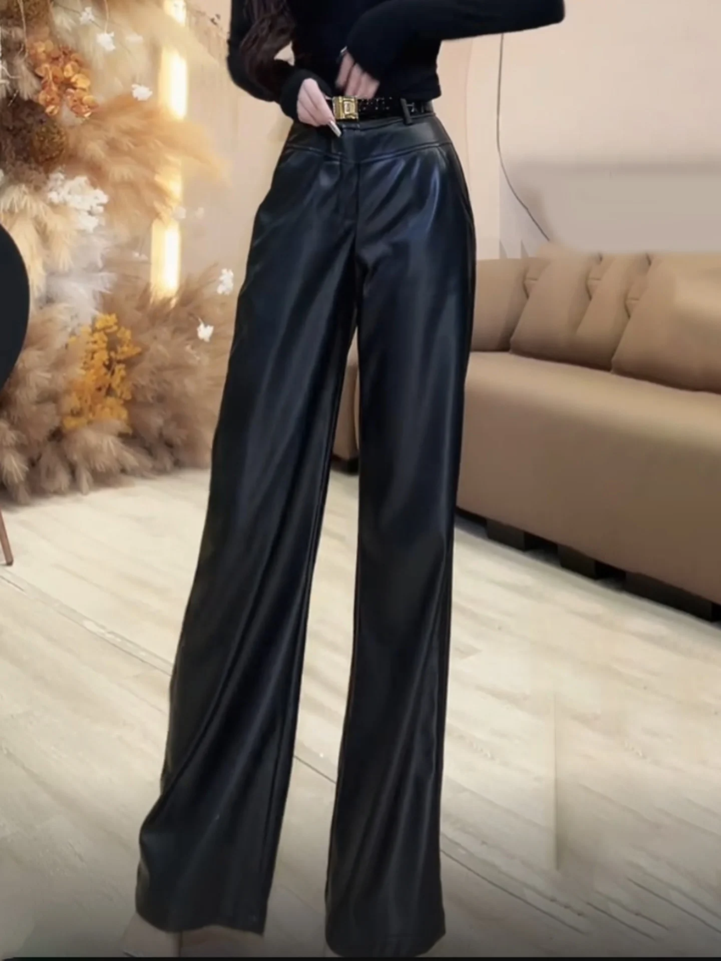 

Стильные черные брюки из искусственной кожи с высокой талией, женские узкие брюки с широкими штанинами, новые прямые брюки-трубы для осени и зимы, модные длинные брюки.