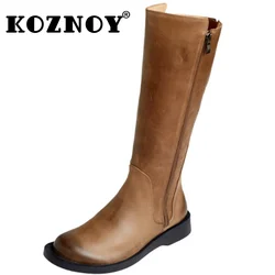 Koznoy 3cm British Natural Genuine Leather Zip Spring Flats Boots Ladies Fashion Knee High Booties Women Chimney Autumn Shoes