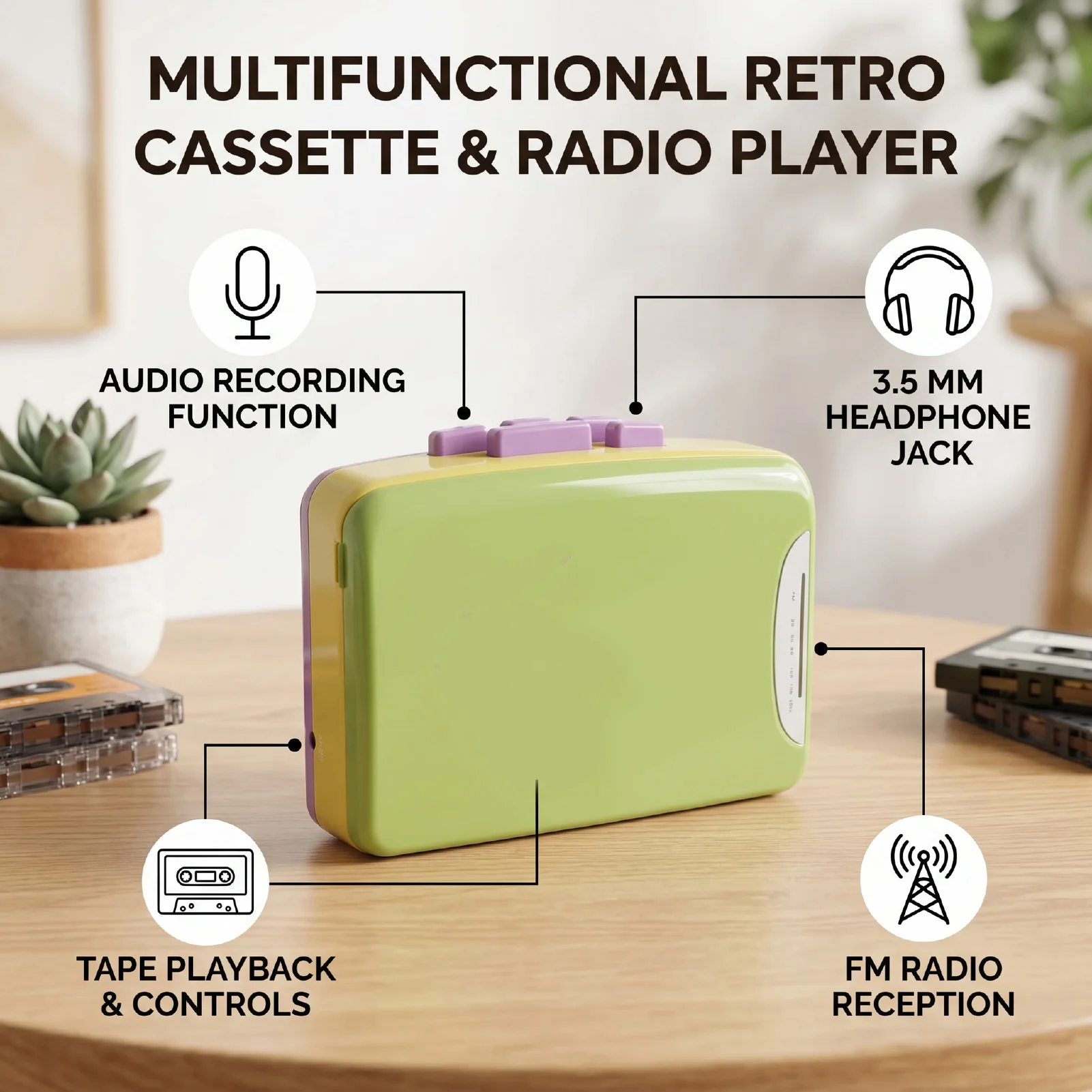 Retro Cassette Player Portable Music Player with FM Broadcast Recorder  Color Cassette Player Cassette with Headphone Jack
