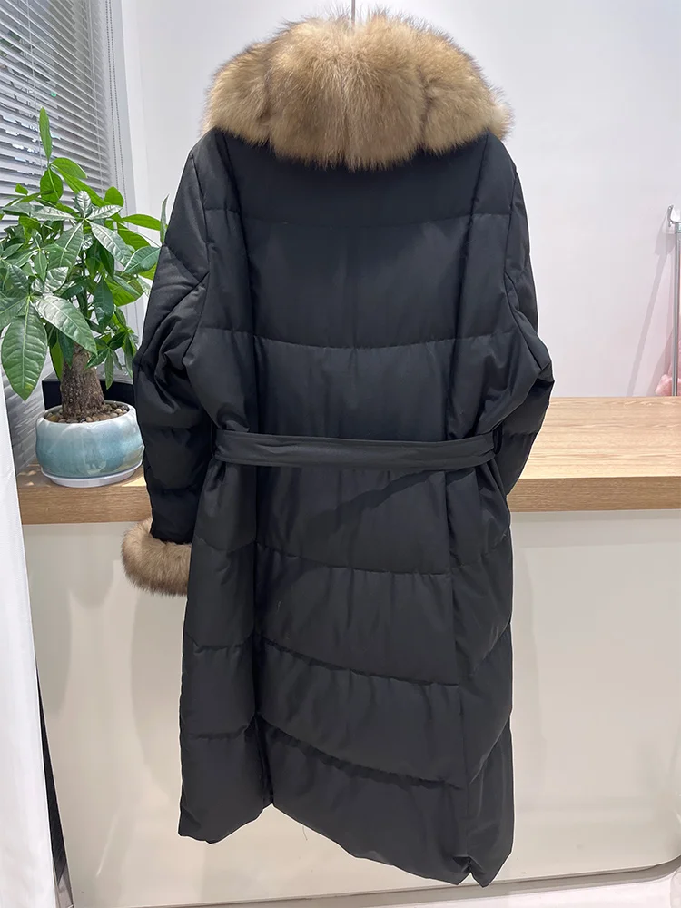 Veste chaude en duvet d'oie pour femme, col en vraie fourrure de renard, longue et épaisse, décontractée, nouvelle collection hiver