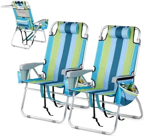 Tall Beach Chair 2 Pack Lightweight, Backpack Beach Chair for Adults with 5-Position, Cooler Bag, Cup Holders, Towel