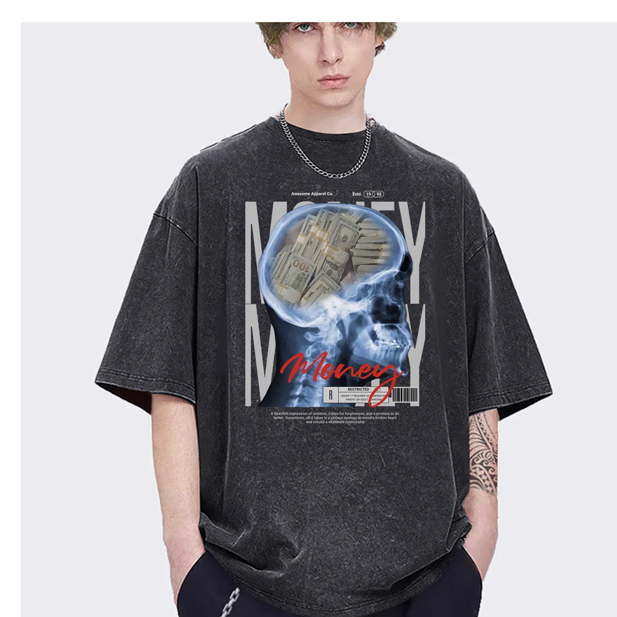 Hiphop Money Bundle of Banknotes Vintage rich streetwear harajuku Oversized men t-shirt Fashion Casual Vintage Washed Cotton TOP