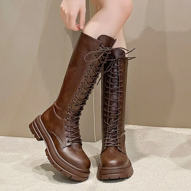 

Retro Plus-size Knight Boots 2026 Spring/Autumn New Thick-soled Side-zipper British-style High-top Long Boots for Women, Size 43