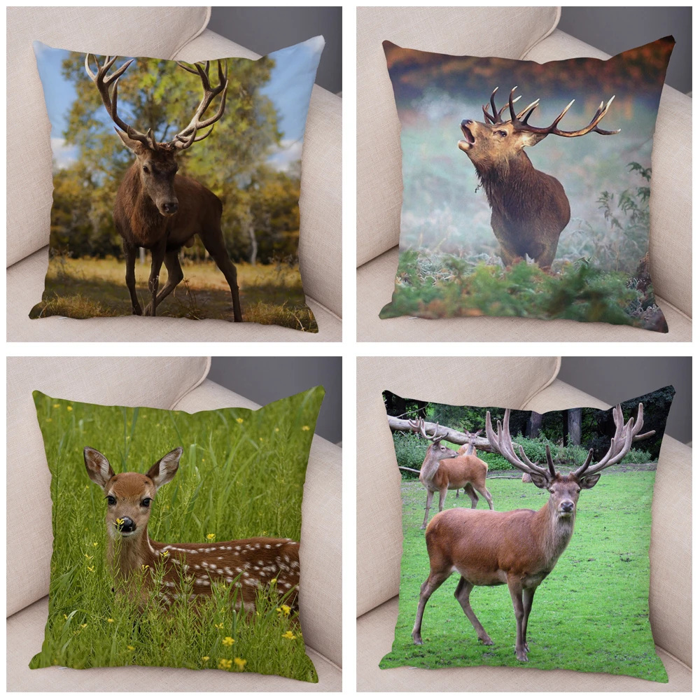 Forest Sika Deer Pillowcase Decor Cute Wild Animal  Cushion Cover For Sofa Home Car 45x45cm