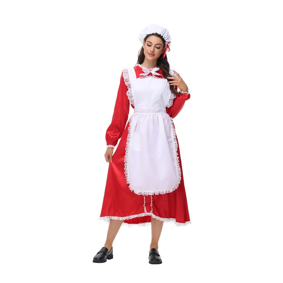 

Red Christmas Maid Long Dress Cute Halloween Christmas Cosplay Costume Female Waitress Uniform Elegant Red Skirt Women's Fashion
