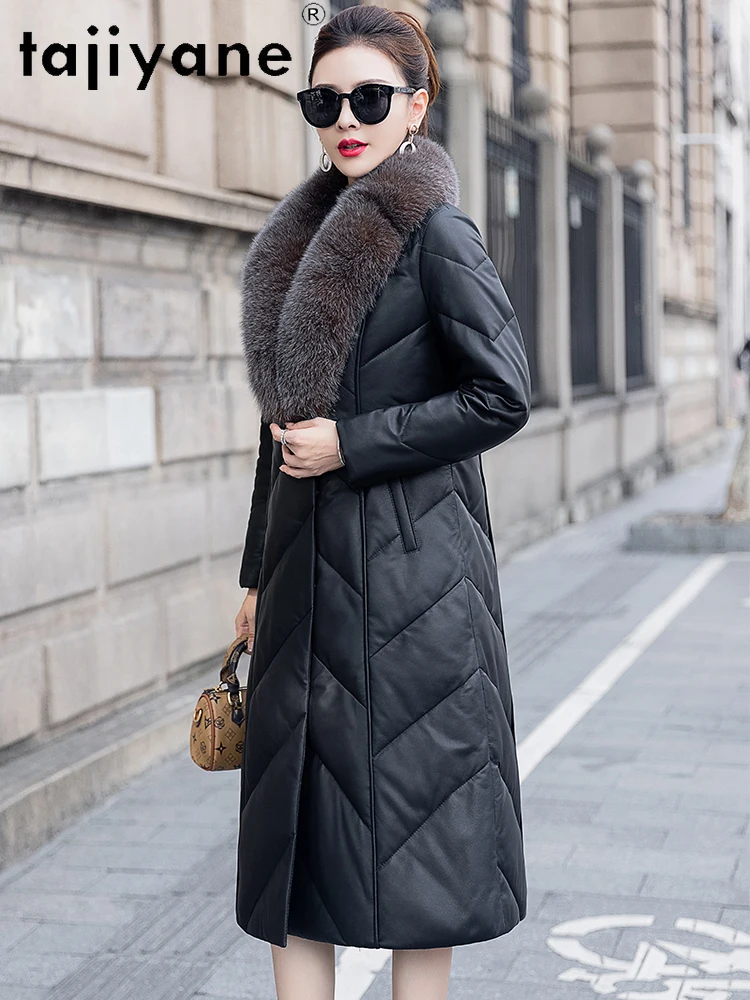 سترة من جلد الغنم من TAJIYANE للسيدات بياقة من فرو الثعلب معاطف طويلة سترات من الجلد الحقيقي 2025 ملابس شتوية للنساء