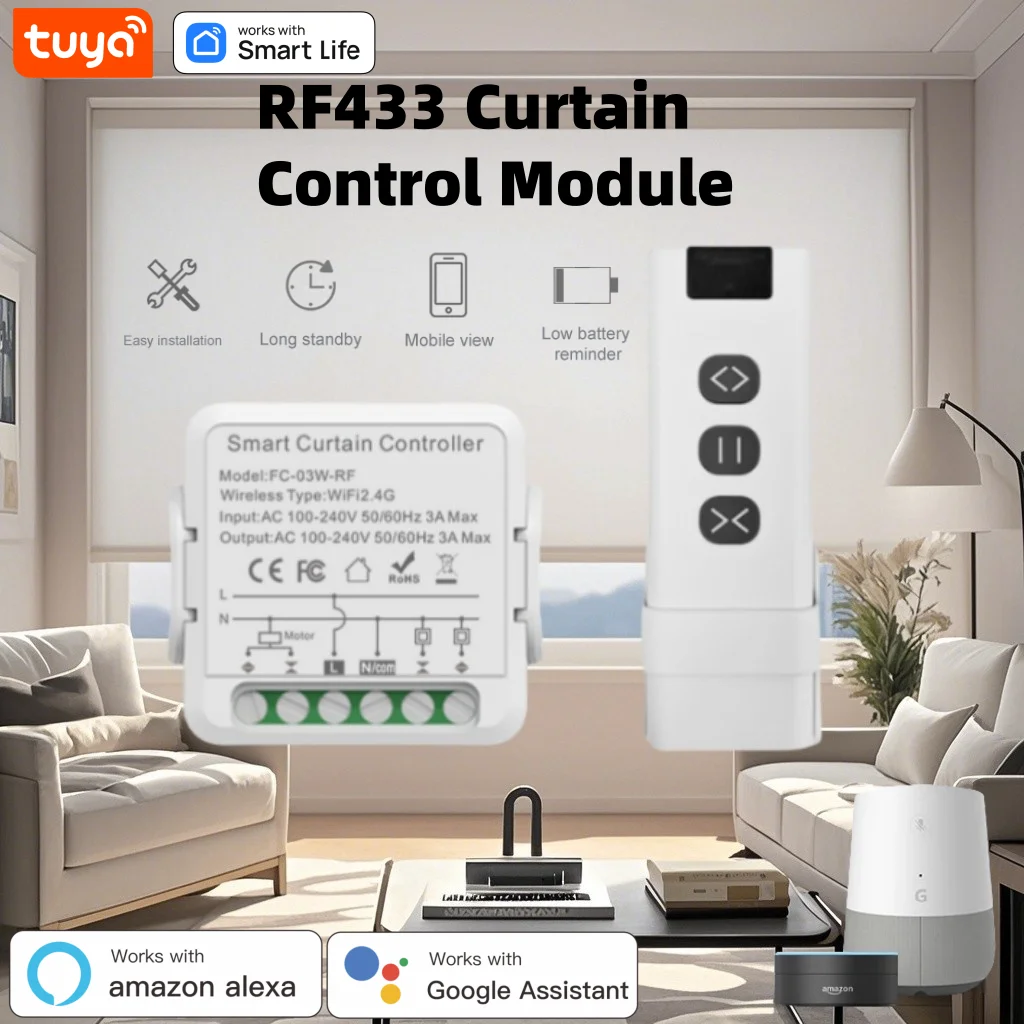 Tuya Curtain Switch with RF433, Zigbee Connectivity; Controlled via App and Voice Commandscompatible with Alexa and Google Home