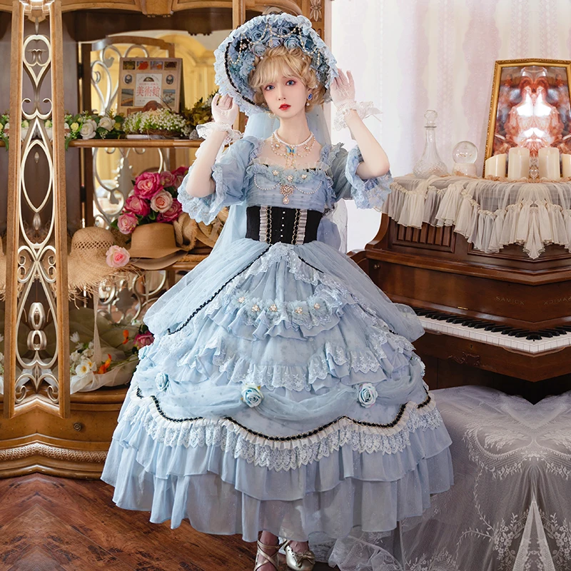 Nuevo precioso vestido de fiesta de té Lolita de doncella Victoria Vintage Palacio bosque vestido de princesa chica elegante vestido de hadas con volantes de encaje