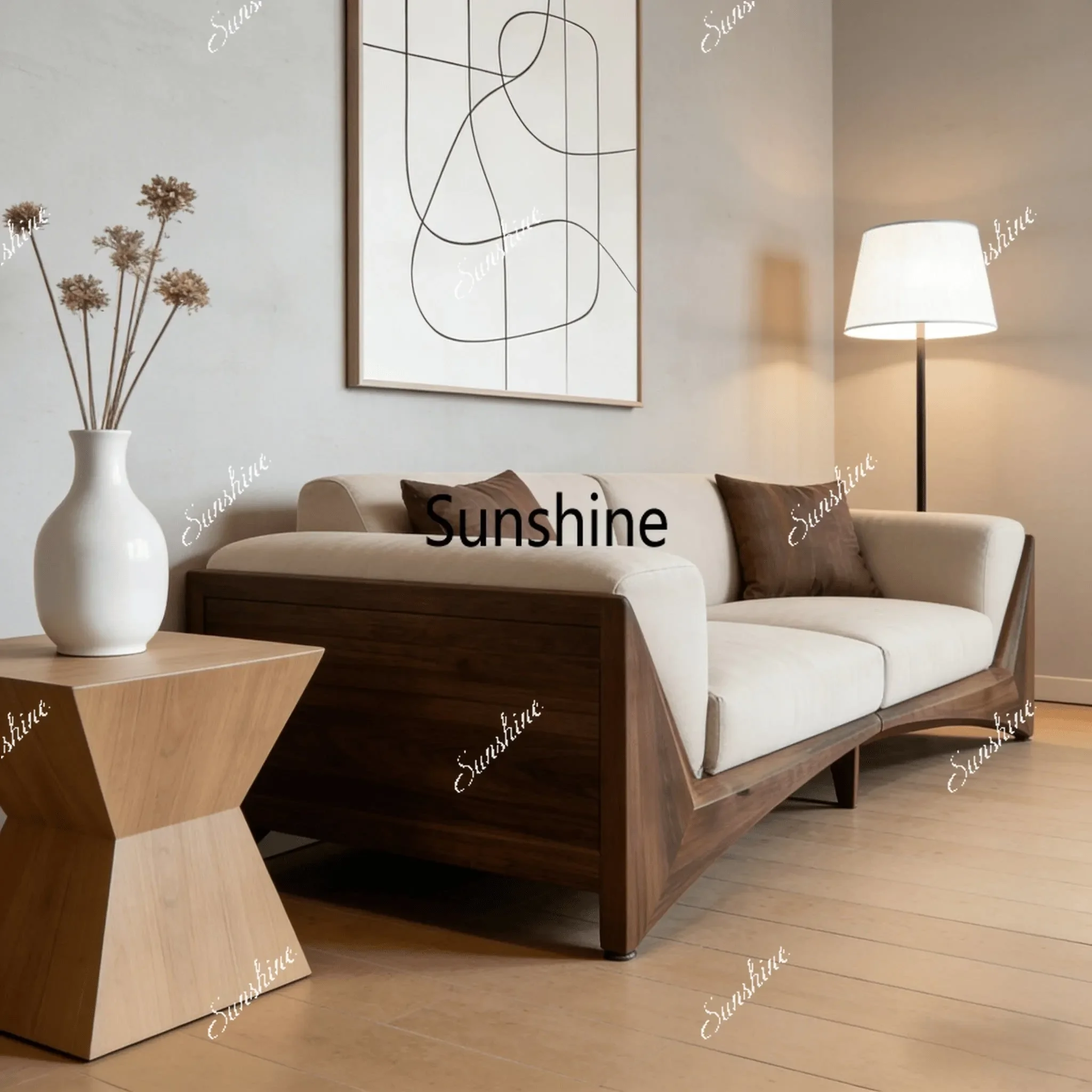 

New Chinese style, living room, family villa high-end modern simple straight row solid wood sofaY