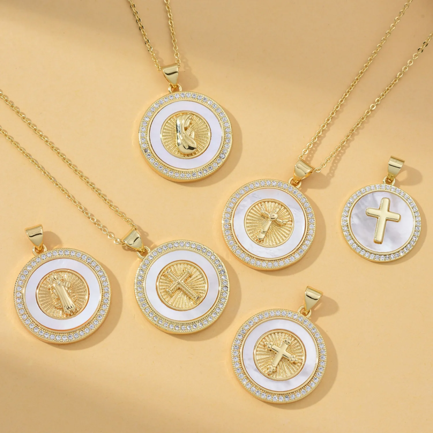 5pcs European and American Virgin Mary Cross Zircon White Shell Pendant DIY Bracelet Necklace Jewelry Making Material Wholesale