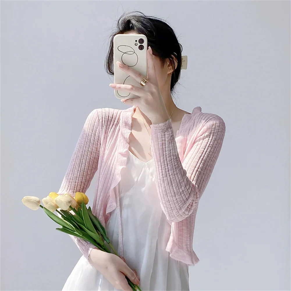 الدانتيل زر واحد كم طويل المحاصيل الأعلى المرأة قصيرة الأكمام مفتوحة الجبهة سترة متماسكة سترة الصيف الكورية موضة اقتصاص سترة