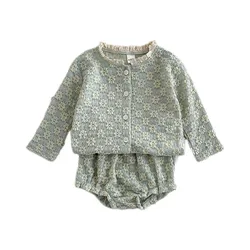 Baby Girls Suit Autumn Clothes Newborn Jacquard Knitted Bloomers Outfit Set Long Sleeve Tops+Shorts 2PC 0-3T