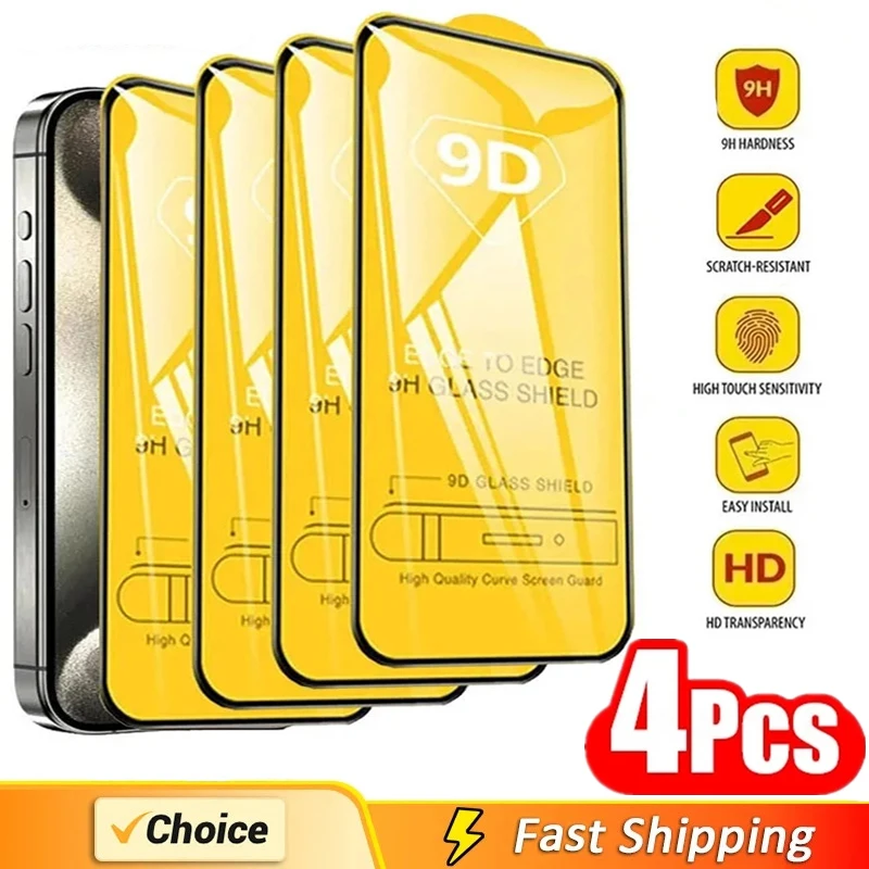 

4Pcs 9D Protective Glass For iPhone 14 15 Pro Max 8 7 Plus Screen Protector For iPhone 11 12 13 PRO XS MAX X XR Tempered Glass