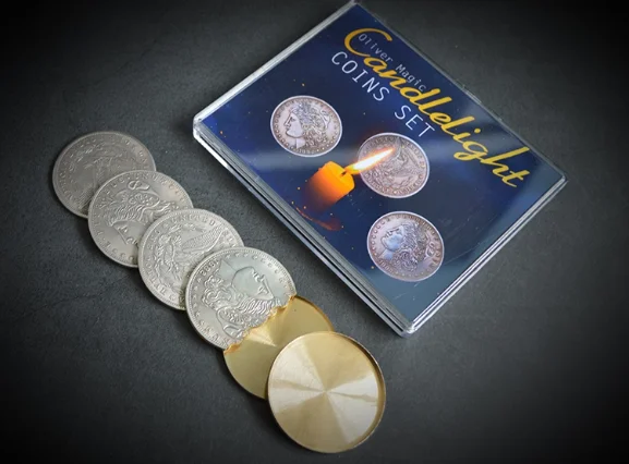 Candlelight Coins Set by Oliver Magic - 4 Coin Thru Table Magic Trick, Jumbo Size Close Up Illusion Gimmick for Magicians