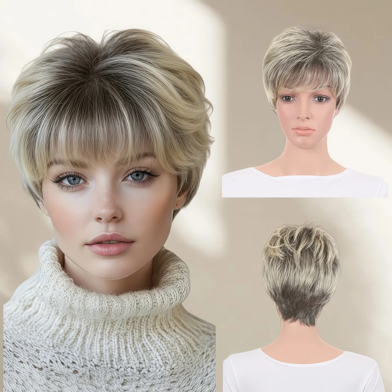 10 Inch Short Layered Pixie Cut Synthetic Wig for Women, Grey Blonde Ombre Wig with Bangs, Heat Resistant Fiber Daily Party Wig