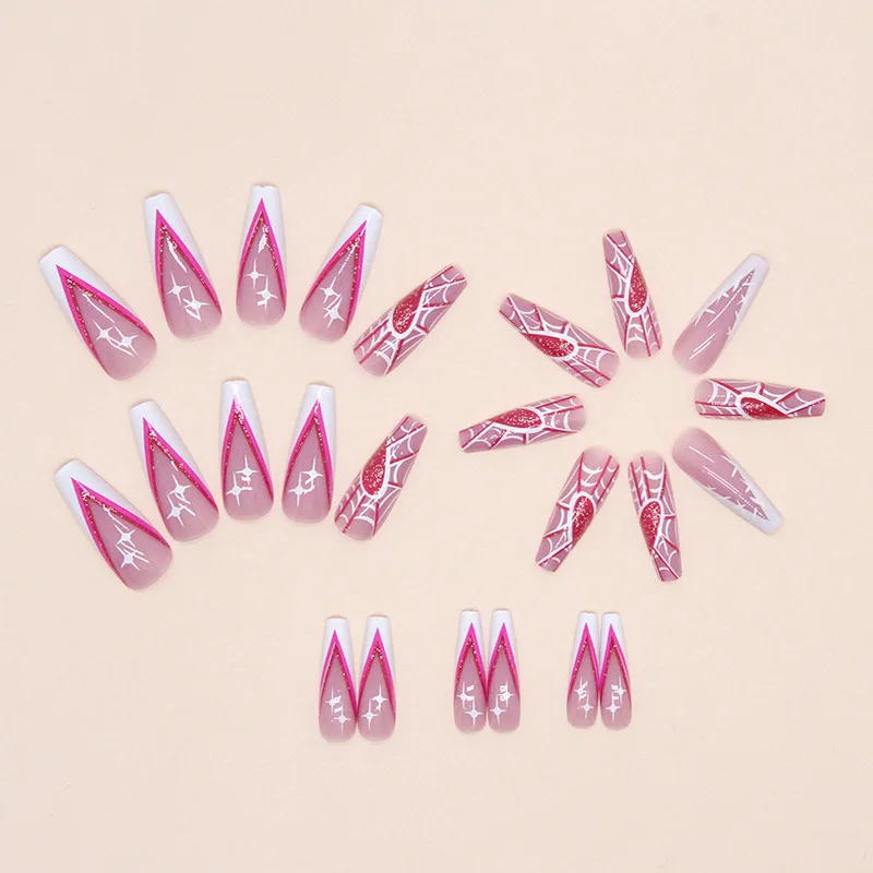 

24Pcs Long Ballerina Press on Nails - Halloween Pink & White Spider Web & Heart Design | For Women & Girls