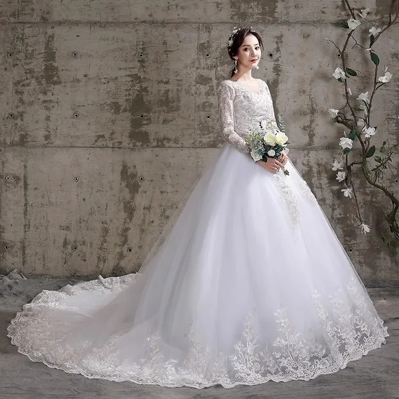 Cheap Wedding Dress White Embroidery O-neck Full Sleeves Lace up Trailing Floor-length Princess Plus size Bride Ball Gowns