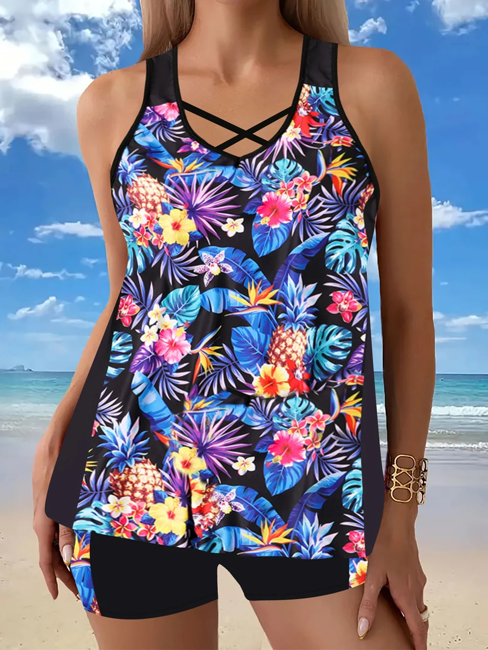 

Танкини с перекрещивающимися бретелями и пляжной юбкой, купальник 2025 г., женский купальник с мягким принтом, женский купальный костюм, летний 3XL