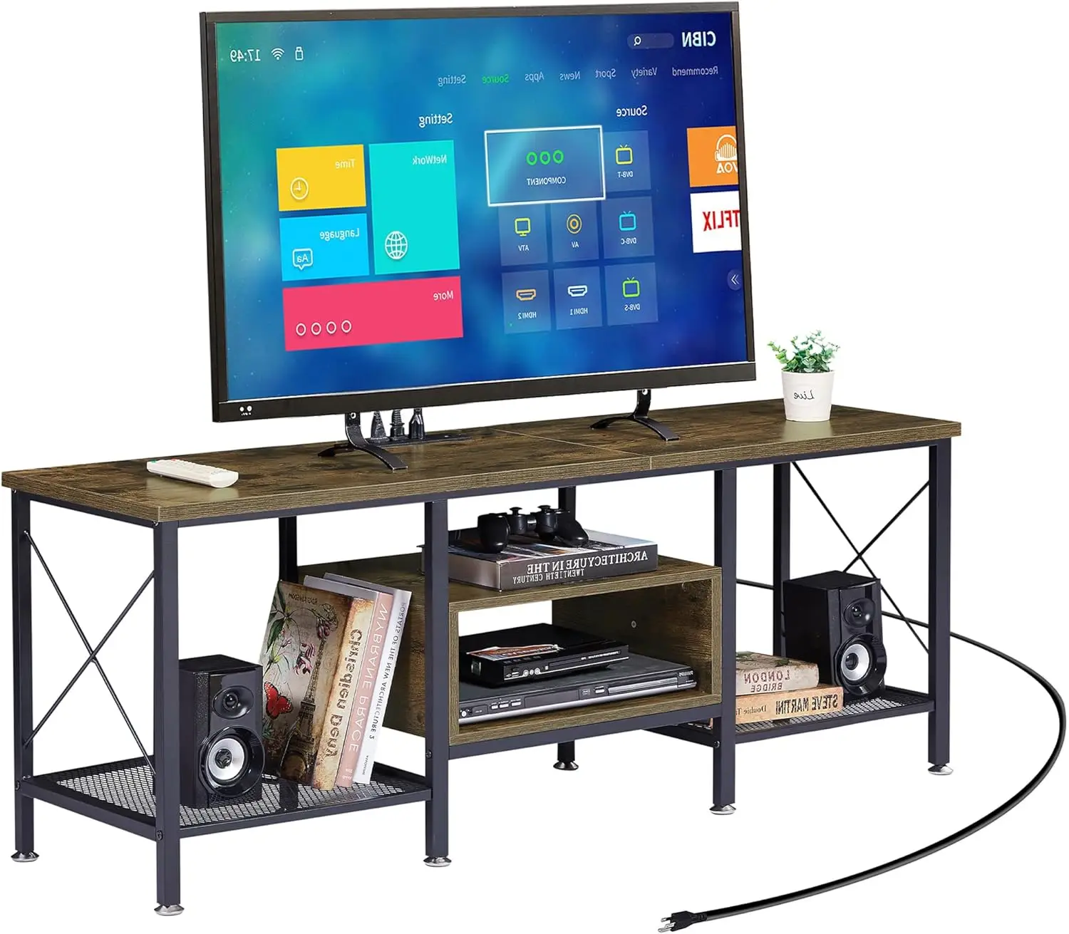 

VECELO TV Stand with Power Outlets for 65 Inch Industria Media Entertainment Center with Charging Station, 3-Tier Open S