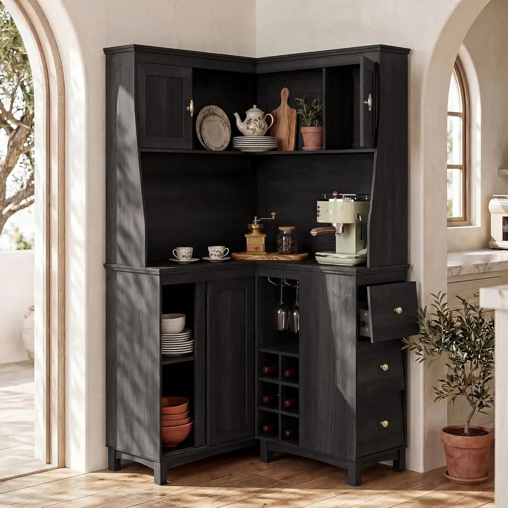 

71 Tall L-Shaped Kitchen Pantry Cabinet with Charging Station, Countertop, Wine Rack, Shelves, Glass Holder, and Sliding Door in