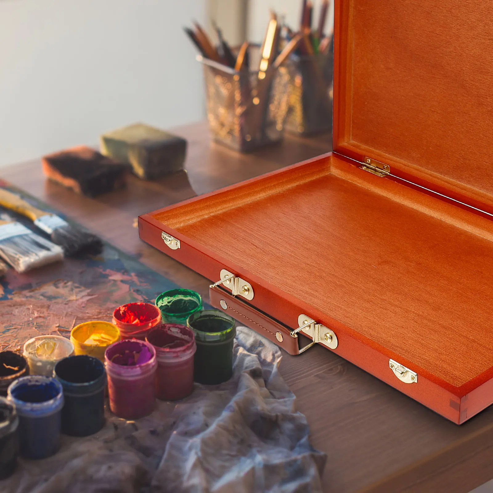 

Oil Painting Box Pen Storage Case Portable Wooden Case for Markers Pigments Brushes Tools Lightweight Durable Handle Desktop