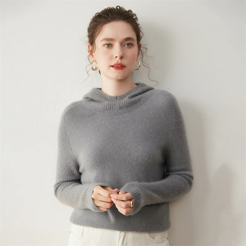 

New Fashion Women 100% Cashmere Hooded Pullover simple Autumn and Winter versatile Hoodie Long-sleeved Knit Cashmere Sweater