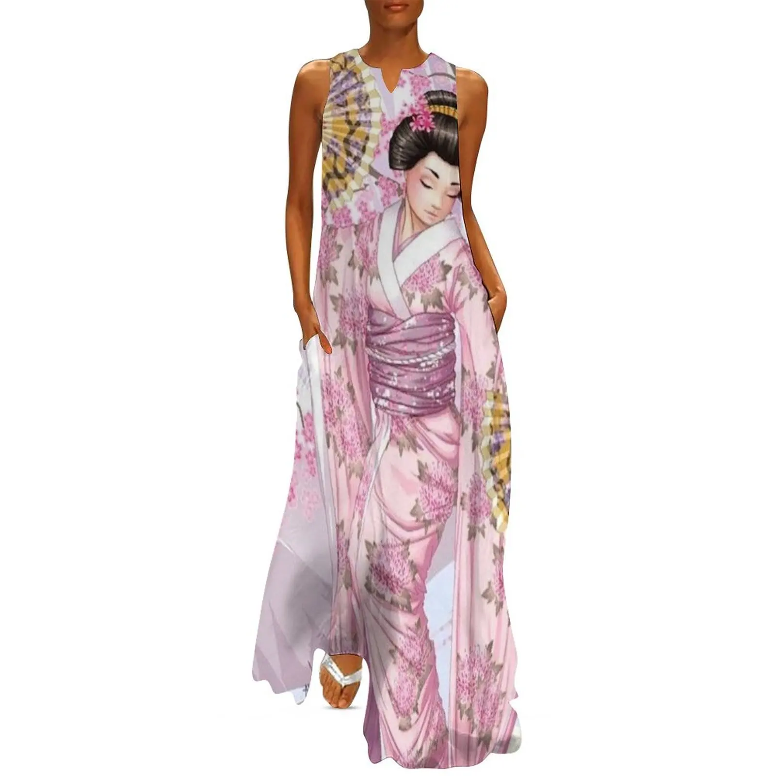 

Pretty Japanese woman with fans and pink cherry blossoms Long Dress Bridesmaid dress woman elegant women's dresses for wedding