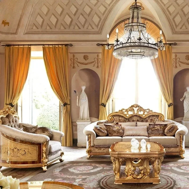 European villa living room wood carving flower furniture court fabric three sofa