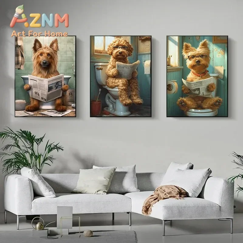 Funny Cute Dog Bathroom Animal on The Toilet and Reading Newspaper Poster Print Canvas Painting Wall Art Living Room Home Decor