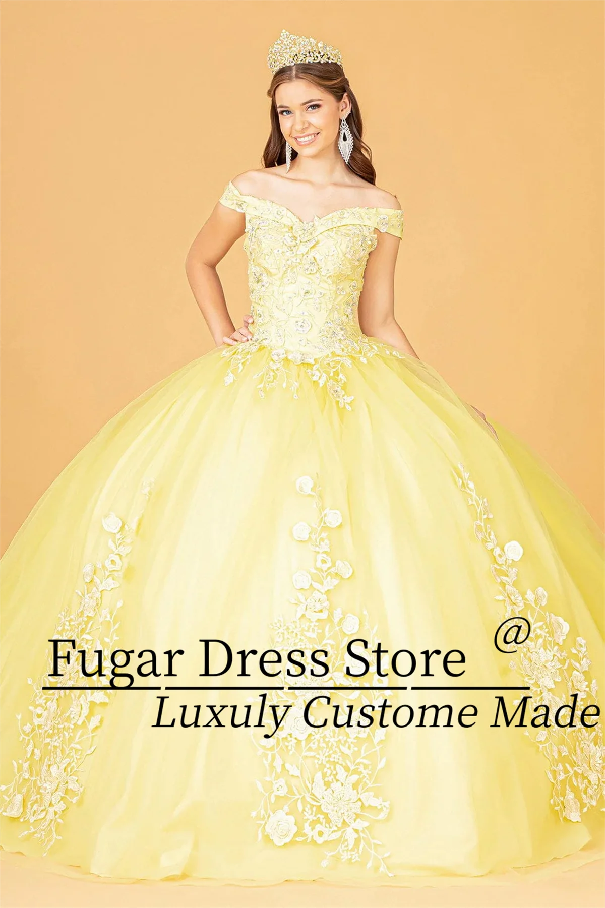 

Glitter Yellow Princess Fairy Quinceanera Dresses Ball Gown Formal Prom Flower embroidery long off the shoulder Sweet 15 16Dress