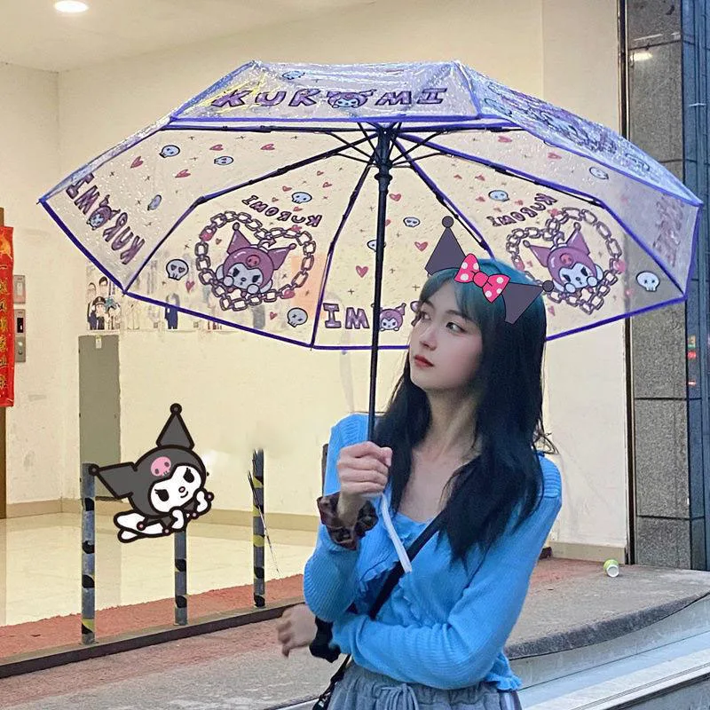 

Sanrio Cinnamoroll Kuromi Transparent Plastic Umbrella Kawaii Folding Good-Looking Umbrella Originality Three Fold 8K Thickening