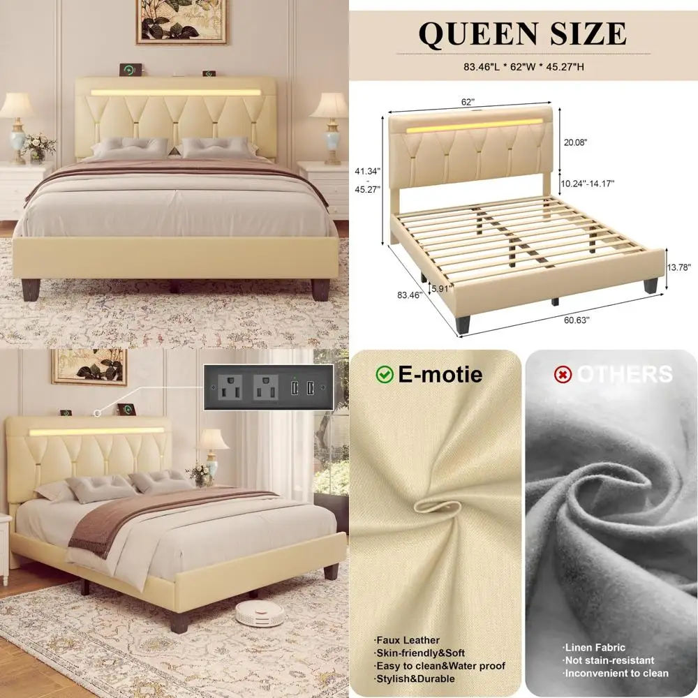 Adjustable Queen Bed Frame with Faux Leather Headboard, LED Lights, and Charging Station