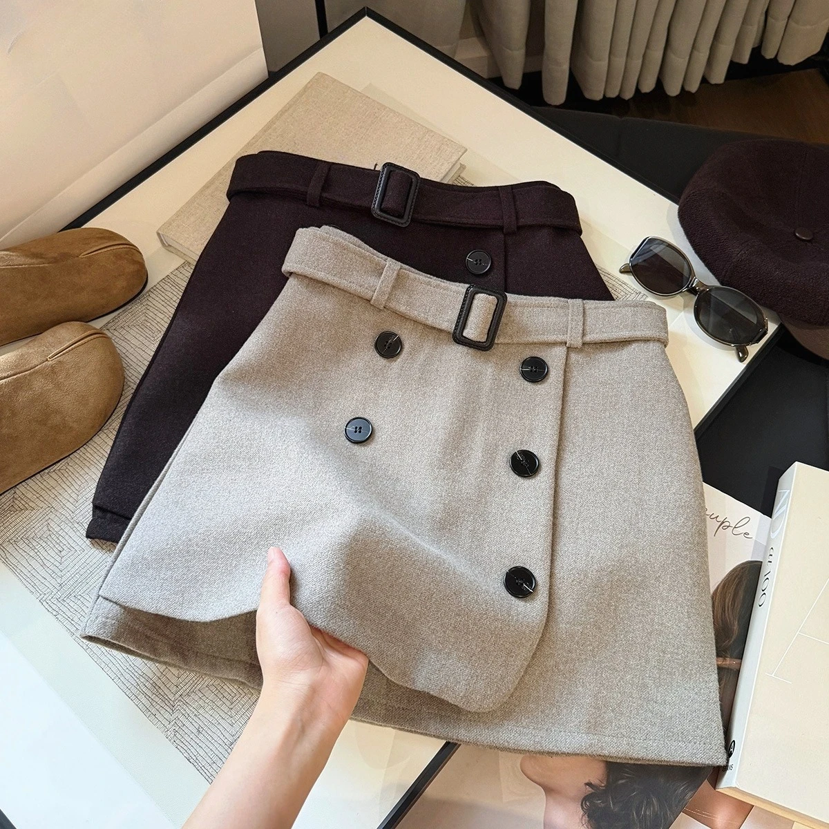 Seoulish Elegant Women Woolen A-line Skirt Autumn Winter Double Breasted High Waist Slimming Skirt with Belt Casual Skirts