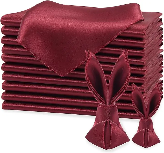 

12PCS Burgundy Silky Satin Napkins (12x12 Inches),Washable Polyester Square Table Napkins forParty Wedding Christmas Decoration