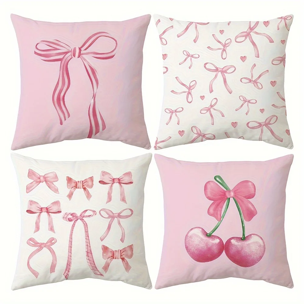 Funda de almohada estampada con diseño de cereza y lazo rosa, suave y cómoda, funda de cojín para sofá, adecuada para todo tipo de habitaciones y lugares