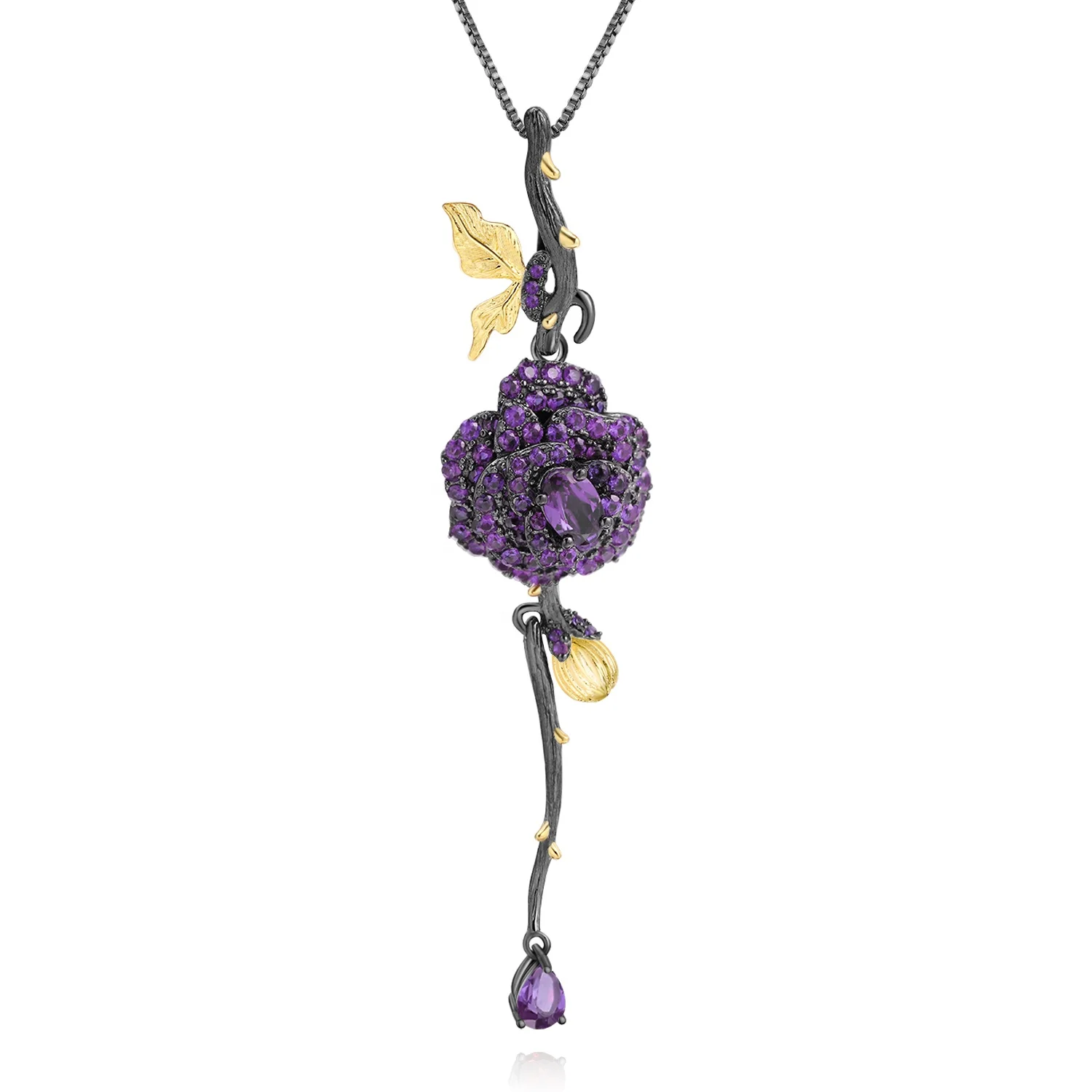 Black & 18K Gold Over 925 Silver Two Tone Handmade Rose Flower Natural Amethyst Gemstone Pendant Necklace For Women