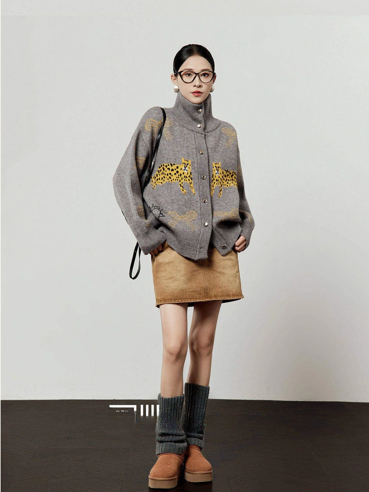 

ay Knitted Open Cardigan Women's Loose Commuter Sle Knitwear Spring New Double Leopard Pattern f High Collar Coat