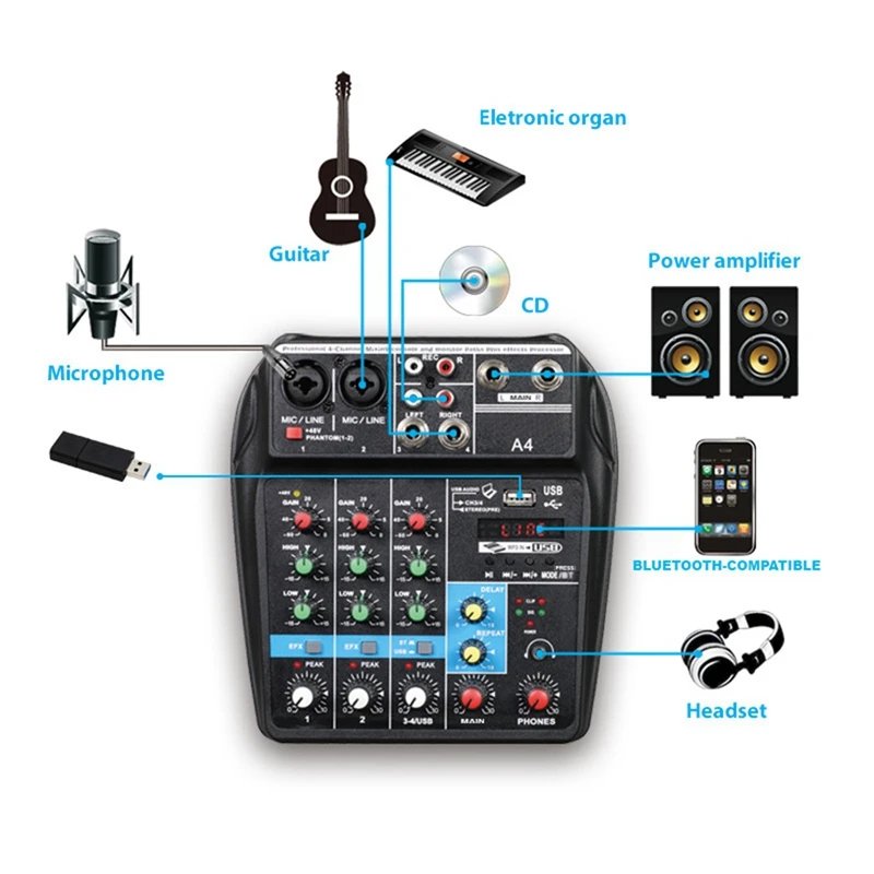 プロフェッショナル4チャンネルデジタルミキサー,サウンドカード,マイク,携帯電話,ライブブロードキャスト,録音,DJ,オーディオ機器