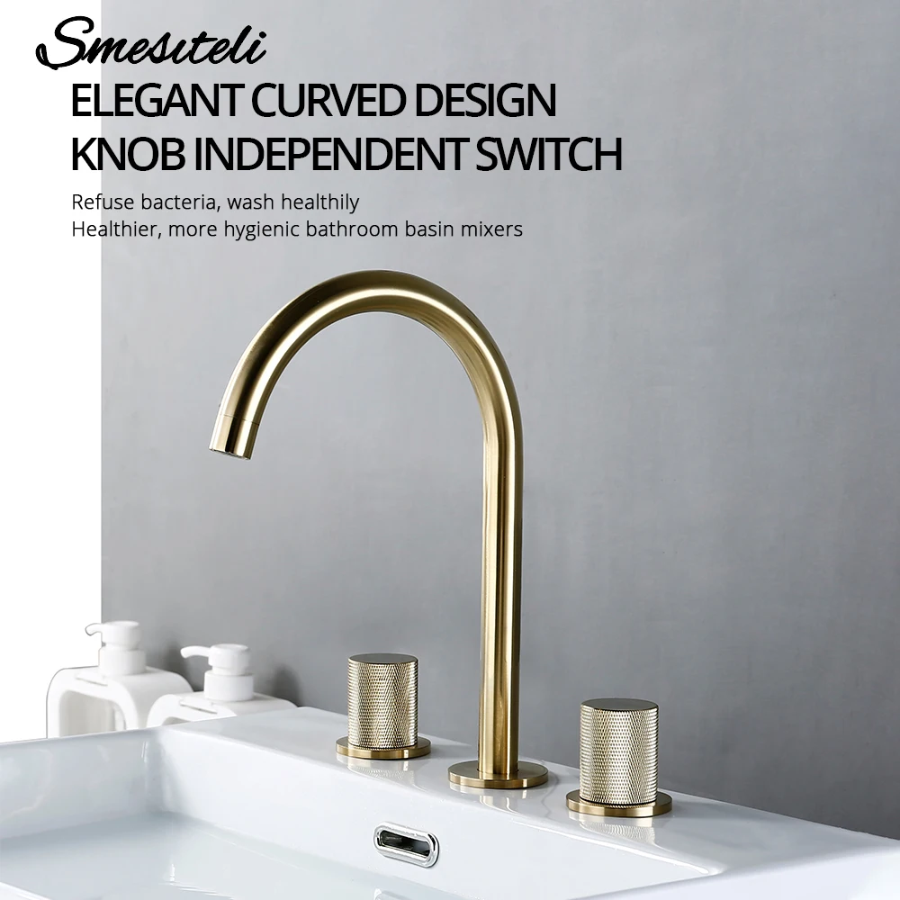 Brushed Gold Basin Faucet Hot And Cold Tap Bathroom Knurling Design Double Handle Desk Mounted Sink Mixer 360° Rotation Spout